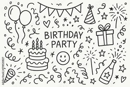 Birthday Celebration Doodles. Hand-drawn doodle illustration [birthday party fun] [cake, candles, balloons, confetti, gift box, party hat, streamers, ribbon,