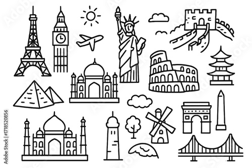 World Landmarks Doodle. World landmarks learning. Hand-drawn doodle illustration world landmarks Eiffel Tower, Big Ben, Statue of Liberty, Great