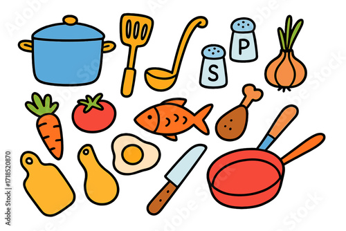Vibrant Cooking Icons. Cooking. Colorful Hand-drawn doodle Children illustration pot, pan, spatula, ladle, cutting board, knife, salt shaker, pepper shaker,
