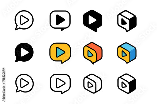 Colorful Logo Grid. Set Logo of Content Series Branding: play button inside speech bubble. Logo set in vector style, emblematic variations. line, bold thick