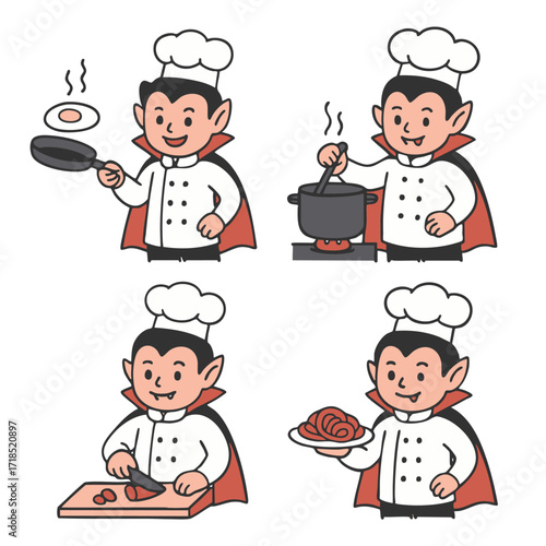 Vampire chef cartoon cooking egg, stirring pot, chopping food, and serving pasta, cheerful mood