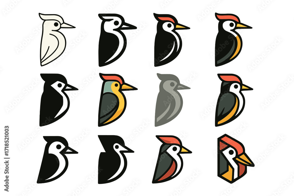 Obraz premium Colorful Woodpecker Logos. Set Logo of Woodpecker: Woodpecker wings folded. Logo set in vector style, emblematic variations. line, bold thick line, solid black
