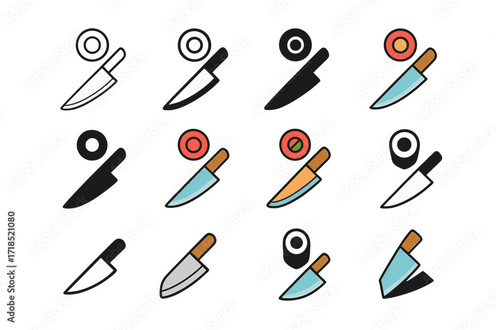 Obraz premium Sushi Knife Logo. Set Logo of Sushi Craftsmanship: Chef?s knife with sushi roll. Logo set in vector style, emblematic variations. line, bold thick line, solid
