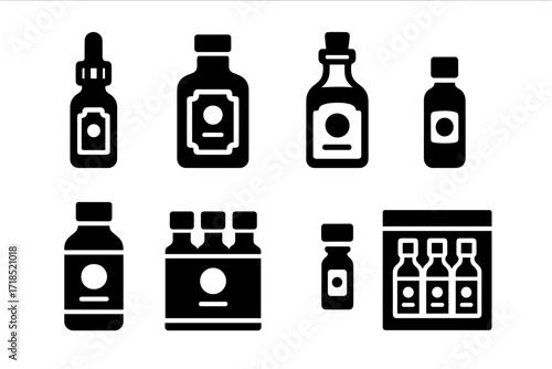 Bitters Bottle Icons. Solid, filled icon set of bitters bottles and packaging: dropper bottle, glass bottle, label design, screw cap, cork stopper, small vial,