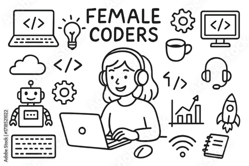 Female Coders Doodle. Hand-drawn doodle illustration [Female coders] [laptop, code brackets, monitor, keyboard, mouse, lightbulb, gear, coffee cup, cloud,