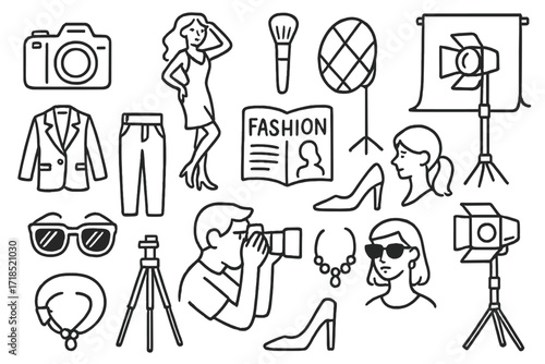 Fashion Doodle Elements. Hand-drawn doodle illustration Fashion photography editorial [camera, model pose, makeup brush, light reflector, outfit, fashion