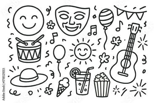 Cultural Festival Icons. Hand-drawn doodle illustration cultural summer festival smiling face, mask, drum, guitar, music note, balloon, confetti, flag, flower,