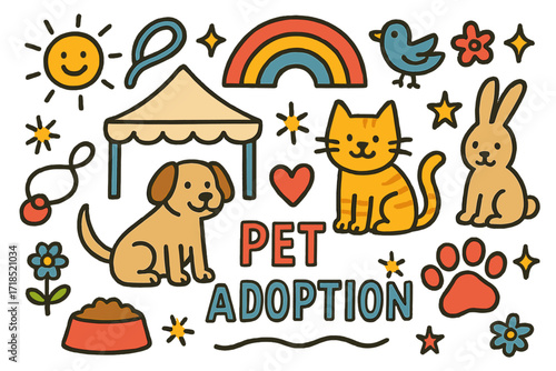 Pet Adoption Celebration. Colorful Hand-drawn doodle Children illustration Community Pet Adoption Event [tent, dog, cat, rabbit, bird, paw print, leash, heart,