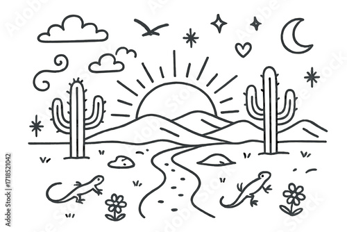 Desert Sunset Doodle. Hand-drawn doodle illustration Sunset over desert land [sun, cactus, sand dune, stone, star, cloud, sparkle, swirl, bird, lizard,