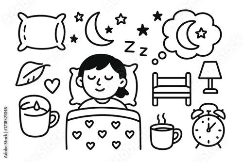 Dreamy Night Doodles. Hand-drawn doodle illustration Dreamy night with pillow [pillow, sleeping head, dream bubble, moon, stars, zzz letters, cloud, bed, night
