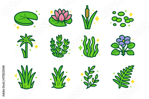 Aquatic Plant Icons. Colorful isometric vector icons set of aquatic and water plants: water lily pad, lotus flower, cattail reed, duckweed float, papyrus