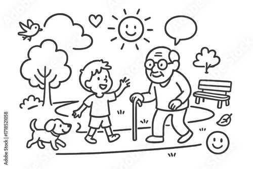 Outdoor Family Walk. Hand-drawn doodle illustration [walking and talking outdoors] [tree, walking cane, child, grandparent, heart, cloud, speech bubble, bench,