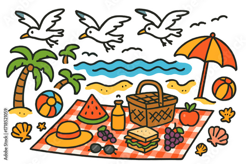 Seaside Picnic Doodles. Colorful Hand-drawn doodle Children illustration Seagulls flying above picnic by the sea seagulls, picnic basket, watermelon slice,