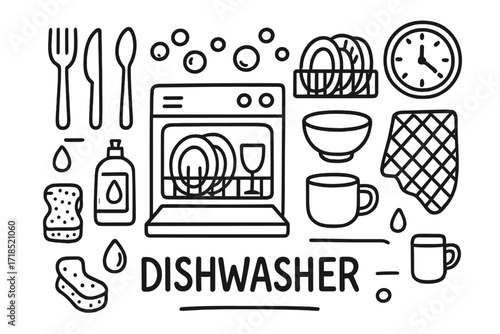 Dishwasher Doodle Art. Hand-drawn doodle illustration Dishwasher with dishes dishwasher door, dish rack, plate, bowl, cup, glass, fork, knife, spoon, bubbles,