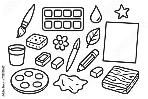 Art Supplies Doodle. Hand-drawn doodle illustration Watercolor painting paintbrush, watercolor palette, paint pans, droplet, cup, sponge, paper sheet, wooden