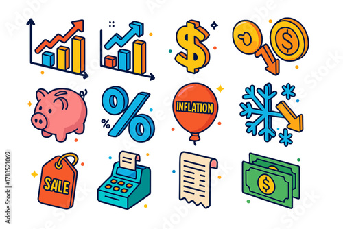Dynamic Price Icons. Price Changes. Colorful isometric vector icons set of Price Changes: rising prices graph, falling prices graph, dollar sign, coin with