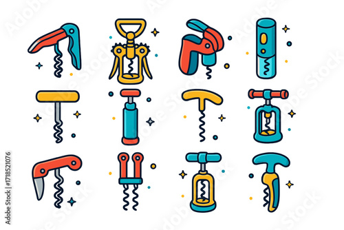 Colorful Corkscrew Icons. Colorful isometric vector icons set of corkscrew designs: waiter's friend, wing corkscrew, rabbit opener, electric opener, T-handle