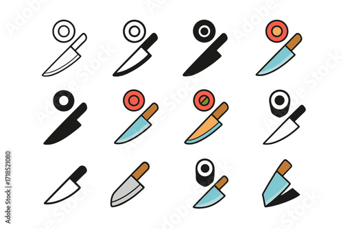 Sushi Knife Logo. Set Logo of Sushi Craftsmanship: Chef?s knife with sushi roll. Logo set in vector style, emblematic variations. line, bold thick line, solid