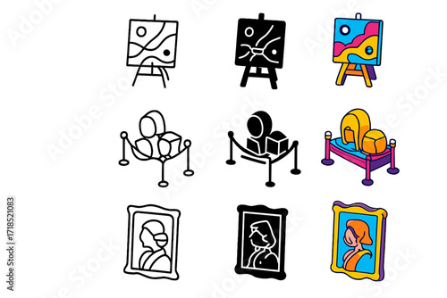Exhibition Icon Set. Icon Set of Exhibition highlights: abstract painting, modern installation, classic portrait. Icons set in vector style, emblematic
