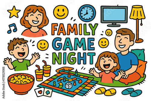 Family Game Night. Colorful Hand-drawn doodle Children illustration Family Game Night board game, cards, dice, laughing kids, parents, popcorn bowl, drinks,
