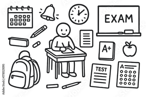 Classroom Essentials Doodle. Hand-drawn doodle illustration school exam classroom desk, student figure, blackboard, clock, test paper, grade book, chalk,