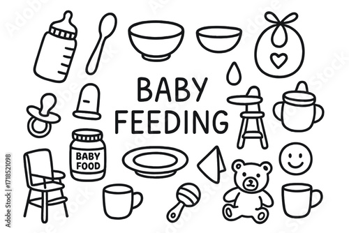Baby Feeding Doodle Icons. Hand-drawn doodle illustration Baby Feeding [baby bottle, spoon, bowl, bib, baby food jar, sippy cup, pacifier, high chair, plate,