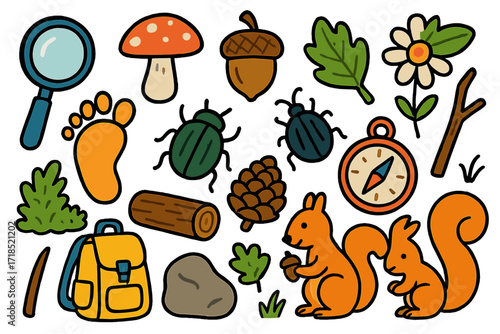 Exploring Forest Wonders. Colorful Hand-drawn doodle Children illustration Exploring the Forest Floor magnifying glass, mushroom, footprint, beetle, leaf,