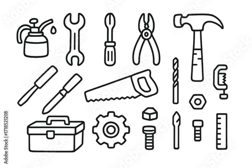 Tool Maintenance Icons. Hand-drawn doodle illustration tool maintenance oil can, wrench, screwdriver, pliers, hammer, file, chisel, saw, drill bit, clamp,