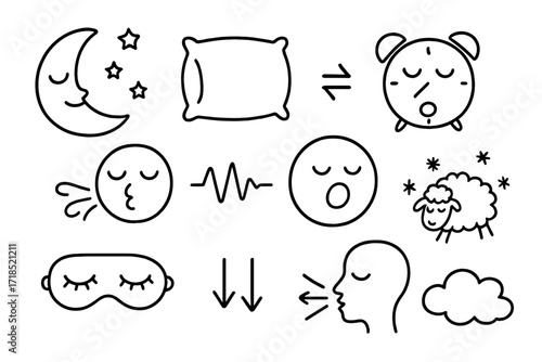 Sleepy Doodle Icons. Hand-drawn doodle illustration breathing for sleep moon icon, closed eyes, gentle breath, pillow, stars, slow wave, yawn face, calm timer,