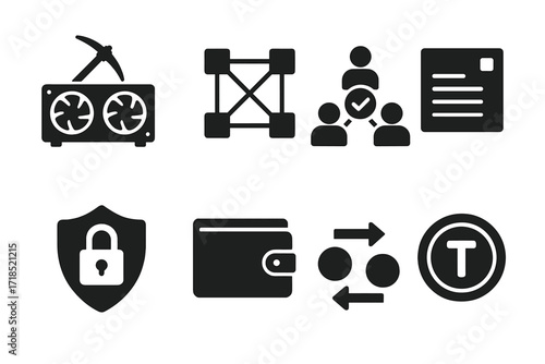 Blockchain Icons Set. Solid, filled icon set of blockchain technology: mining rig, blockchain network, consensus algorithm, data block, encryption shield,