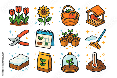 Seasonal Garden Icon Set. Colorful isometric vector icons set of Seasonal garden activities: spring tulips, summer sunflowers, fall harvest basket, winter bird