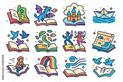 Magical Storybook Icons. Colorful isometric vector icons set of storybook scenes with motion: fairytale book unfolding, dragon flying from pages, story cloud