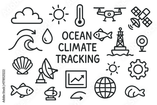 Ocean Climate Icons. Hand-drawn doodle illustration Ocean climate tracking wave, droplet, fish, buoy, satellite, drone, thermometer, sun, cloud, gear, globe,