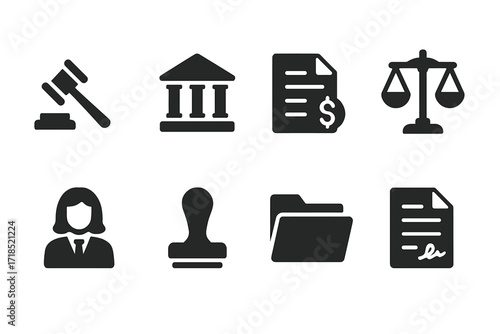 Legal Icons Grid. Solid, filled icon set of inheritance legal process: judge gavel, court building, legal papers, scales, lawyer, stamp, file folder, contract.
