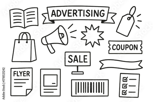 Advertising Doodle Icons. Advertising. Hand-drawn doodle illustration catalog, megaphone, price tag, shopping bag, starburst, coupon, barcode, sale sign,
