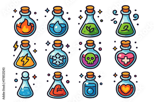 Elemental Potion Icons. Colorful isometric vector icons set of elemental potions: fire elixir, water flask, earth tonic, wind draft, lightning serum, ice brew,