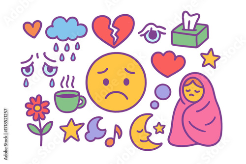 Emotional Doodles. Colorful Hand-drawn doodle Children illustration emotional withdrawal sad face, heart, crying eyes, broken heart, cloud, rain, tissue box,