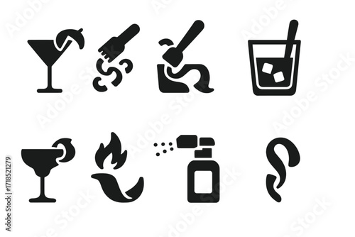 Orange Peel Icons. Solid, filled icon set of orange peel in mixology: garnish application, zesting, muddling, stirring, cocktail glass rim, orange peel flame,