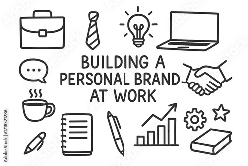 Personal Brand Doodle. Hand-drawn doodle illustration Building a personal brand at work [briefcase, tie, laptop, coffee cup, light bulb, handshake, speech