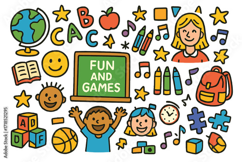 Classroom Doodle Fun. Colorful Hand-drawn doodle Children illustration Classroom Fun and Games books, globe, chalkboard, smiling faces, ABCs, stars, teacher,