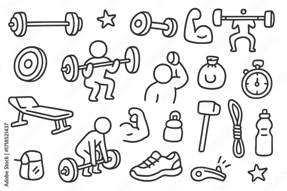Obraz premium Weightlifting Doodle Icons. Hand-drawn doodle illustration weightlifting barbell, dumbbell, weight plate, squat figure, deadlift figure, clean and jerk icon,