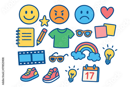 Colorful Cartoon Emotions. Colorful Hand-drawn doodle Children illustration Character development smiley face, angry face, sad face, notebook, pencil, star,