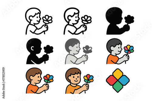 Colorful Tissue Flower Logos. Set Logo of Kids Making Tissue Paper Flowers: Child holding colorful tissue paper flower. Logo set in vector style, emblematic