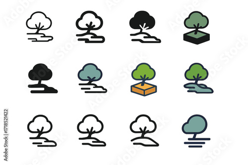 Foggy Tree Logos. Set Logo of Morning Fog: Lonely tree in fog. Logo set in vector style, emblematic variations. line, bold thick line, solid black filled,