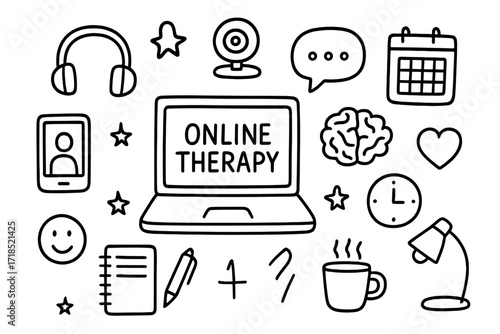Online Therapy Doodles. Hand-drawn doodle illustration Online therapy [laptop, smartphone, headphones, webcam, chat bubble, calendar, heart, brain, clock,