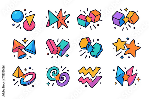Colorful Geometric Collisions. Colorful isometric vector icons set of abstract shapes in collision: floating spheres bumping, triangles crashing, rotating