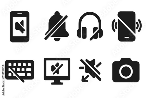 Silent Tech Icons. Solid, filled icon set of silence in technology: muted phone, silent bell, headphones with mute, no vibration, silent mode icon, quiet