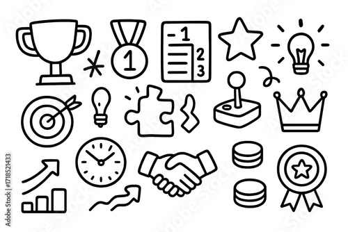 Workplace Gamification Icons. Hand-drawn doodle illustration Workplace gamification trophy, medal, leaderboard, star, spark, joystick, target, light bulb,