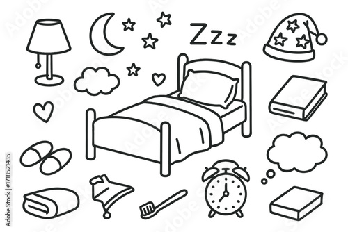 Nighttime Rest Icons. Hand-drawn doodle illustration Nighttime rest bed, blanket, pillow, lamp, moon, stars, cloud, slippers, alarm clock,
