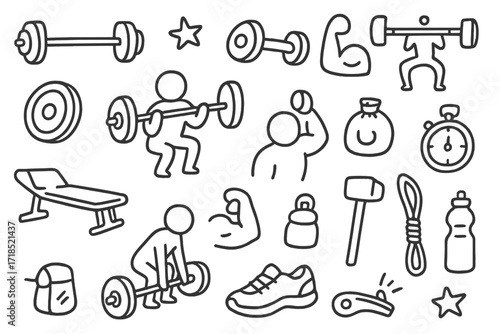 Weightlifting Doodle Icons. Hand-drawn doodle illustration weightlifting barbell, dumbbell, weight plate, squat figure, deadlift figure, clean and jerk icon,